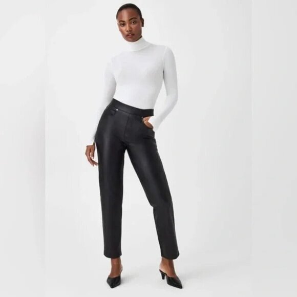 Spanx Faux Vegan Leather Slim Straight Pants in Luxe Black Sz Small 20528R - Picture 1 of 13